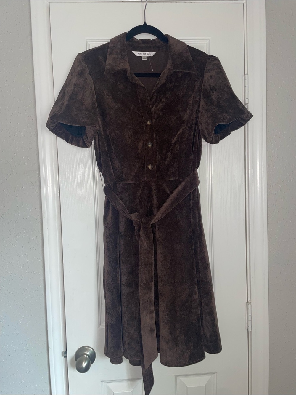 Nobody Denim Chocolate Brown Short-Sleeve Button Dress with Tie Waist